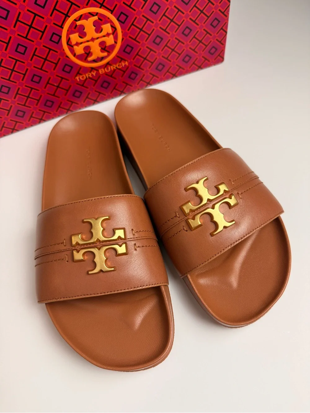 Tory Burch Everly Anatomic Cloud Slide Sandals Ambra Brown Leather Gold Logo 8